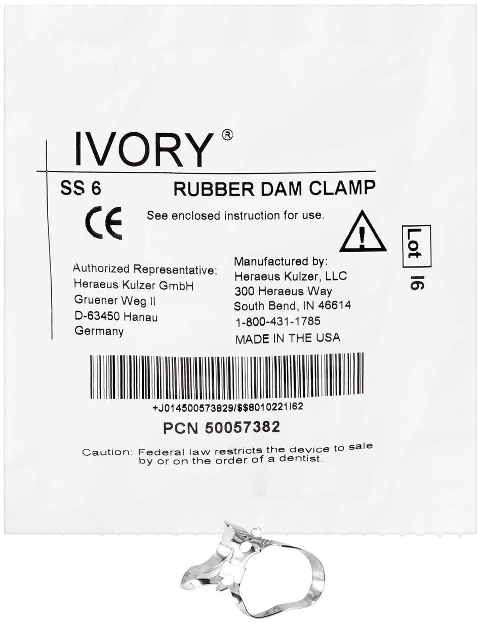 Ivory rubber dam clamps, single sizes size 6, 1 piece