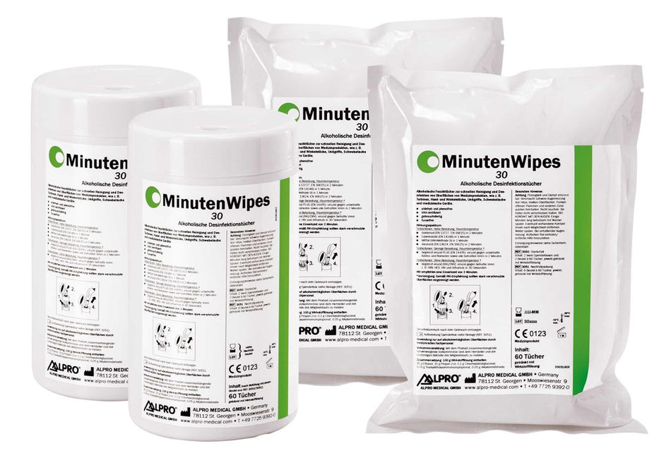 MinuteWipes 30, wipe disinfection, format (30 g/m²) 14 × 20 cm, listings VAH-/DGHM, starter set, scope of delivery: 2 empty dispenser boxes, 2 bags of 60 wipes each