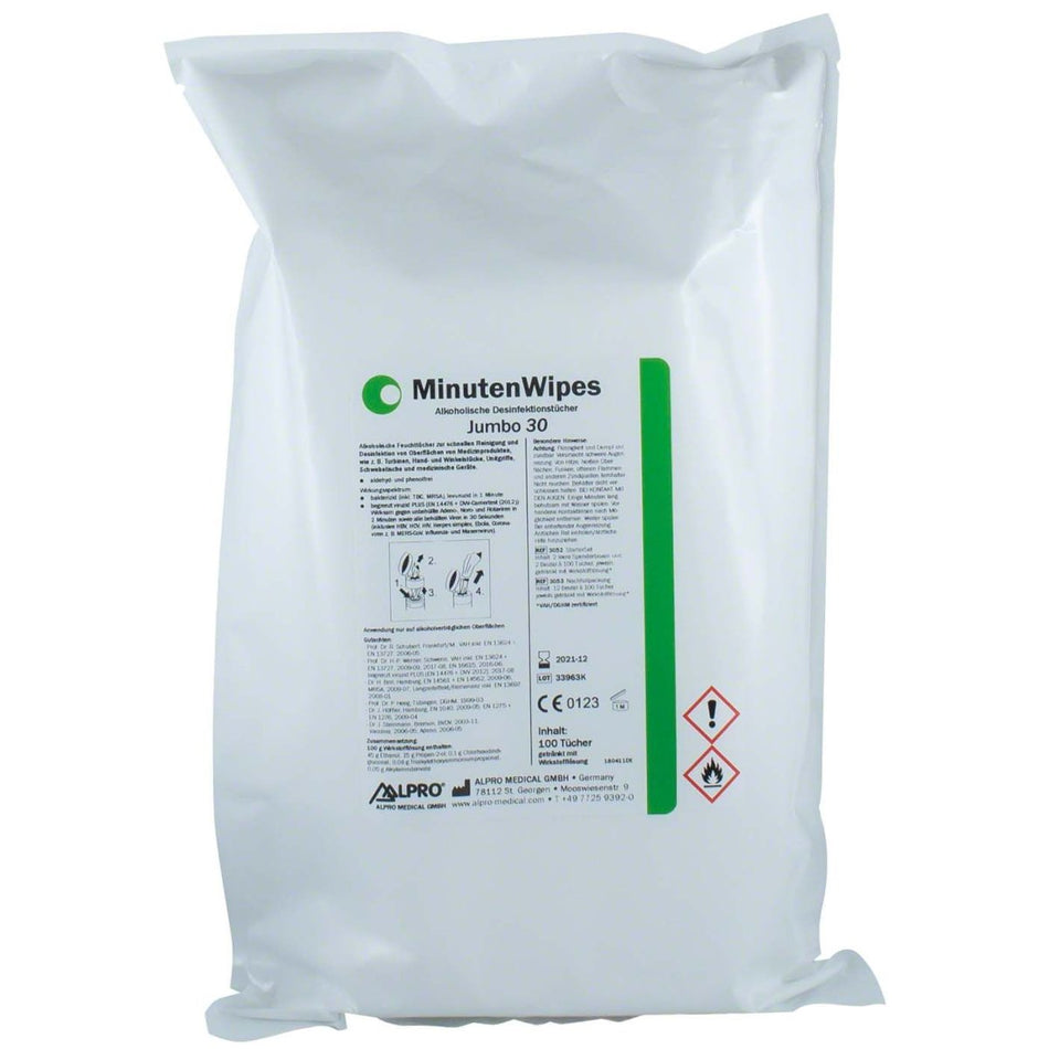 MinuteWipes Jumbo 30, wipe disinfection, 21 × 26 cm, 12 refill bags with 100 wipes each