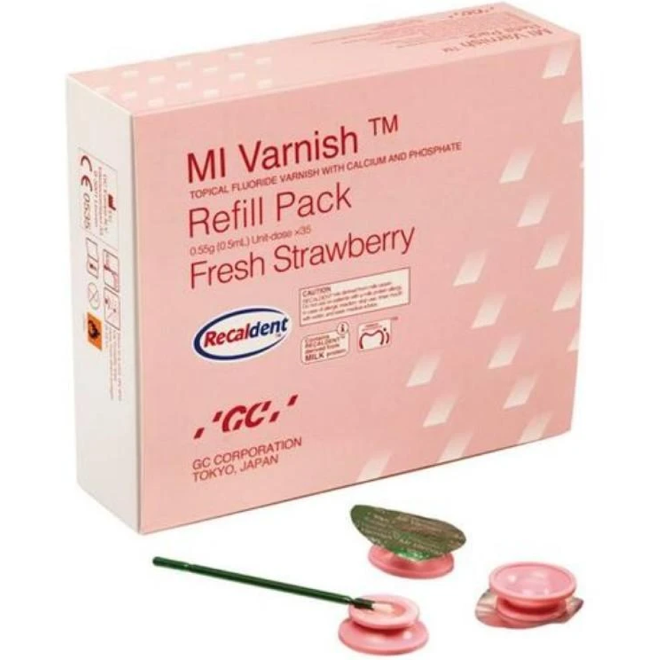 GC MI Varnish, refill pack strawberry, pack of 35 x 0.4 ml and 50 brushes SKU:900747