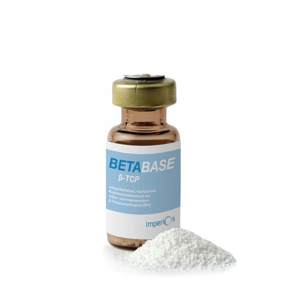 BETABASE BASIC (ß-TCP): Fully synthetic, resorbable bone replacement material. Grain size: 0.5 - 1.0 mm. Contents: 1.0 cc in a glass jar, sterile packed.