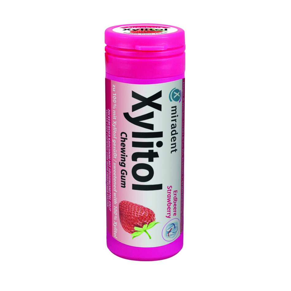 miradent Xylitol Chewing Gum, Strawberry, Kids, can of 30 pieces