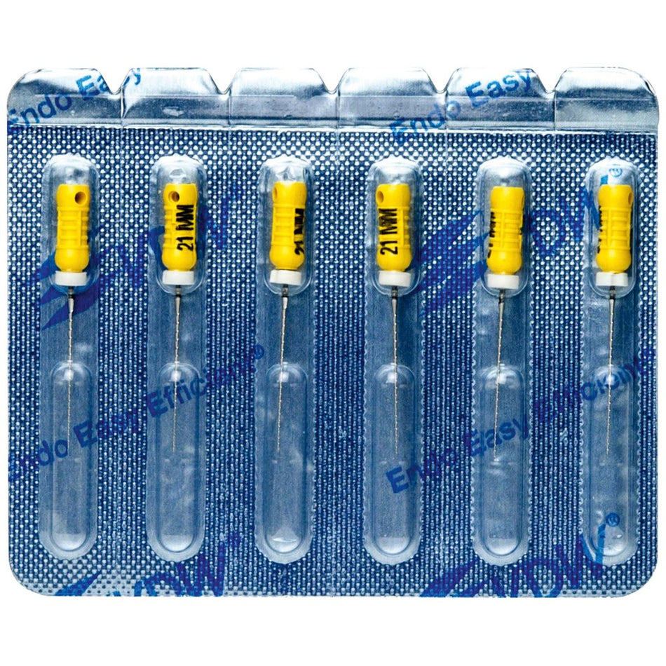 Sterile Hedström files, 21 mm, ISO 020, yellow, blister of 6 pieces