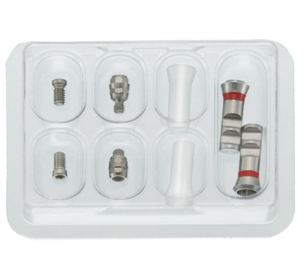 Plastic bar set contains: 2 x RN synOcta 1.5 screwed, secondary part, 048.601, 2 x RN synOcta analog implant, 048.124, 2 x RN synOcta plastic cap, bar, 048.227, 2 x SCS occlusal screw, 048.350