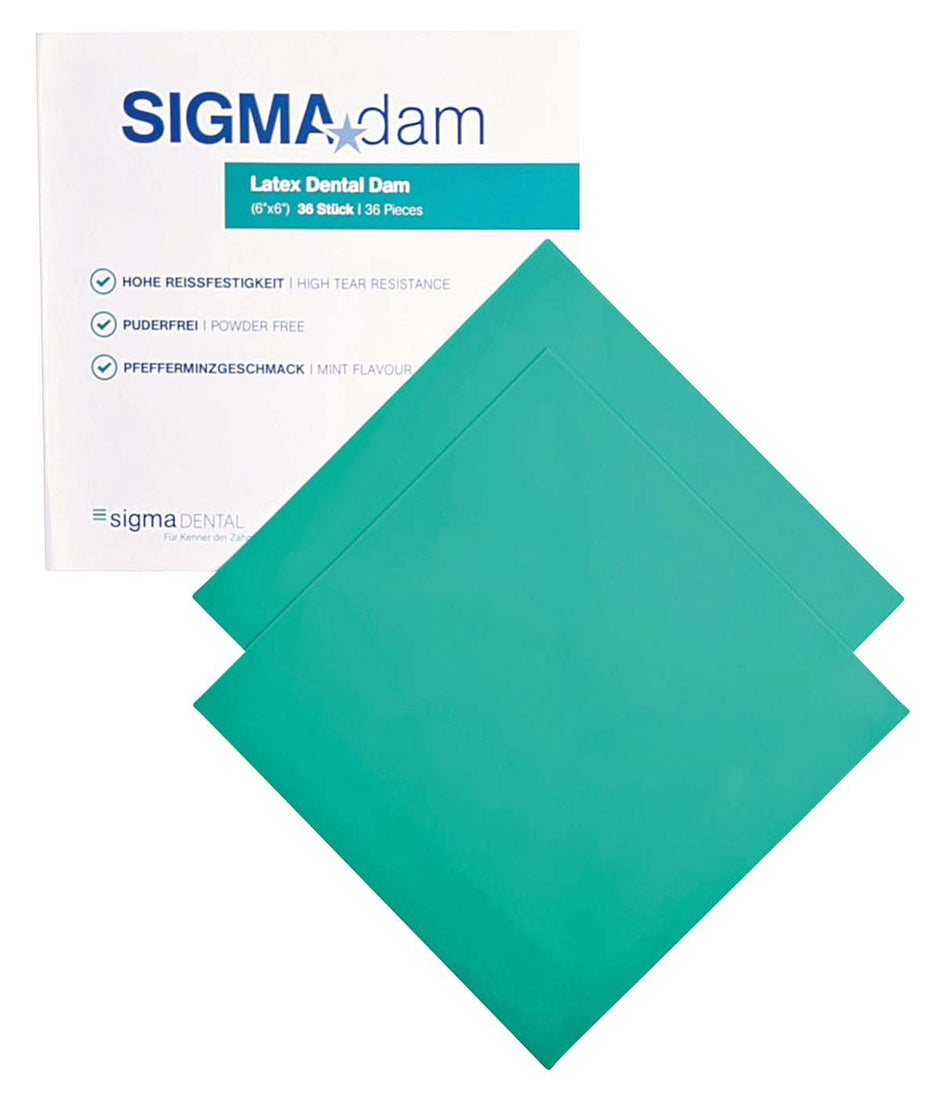 Sigmadam Latex Rubber Dam, powder-free, medium, green, 15.3 × 15.3 cm, pack of 36