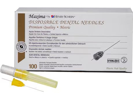 Maxima injection cannulas, yellow - 27G, 30 × 23 mm, short, ? 0.4 mm, pack of 100