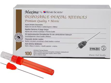 HS-Maxima injection cannulas, disposable dental needles red - 25G, 17 x 42, long, Ø 0.5 mm, pack of 100