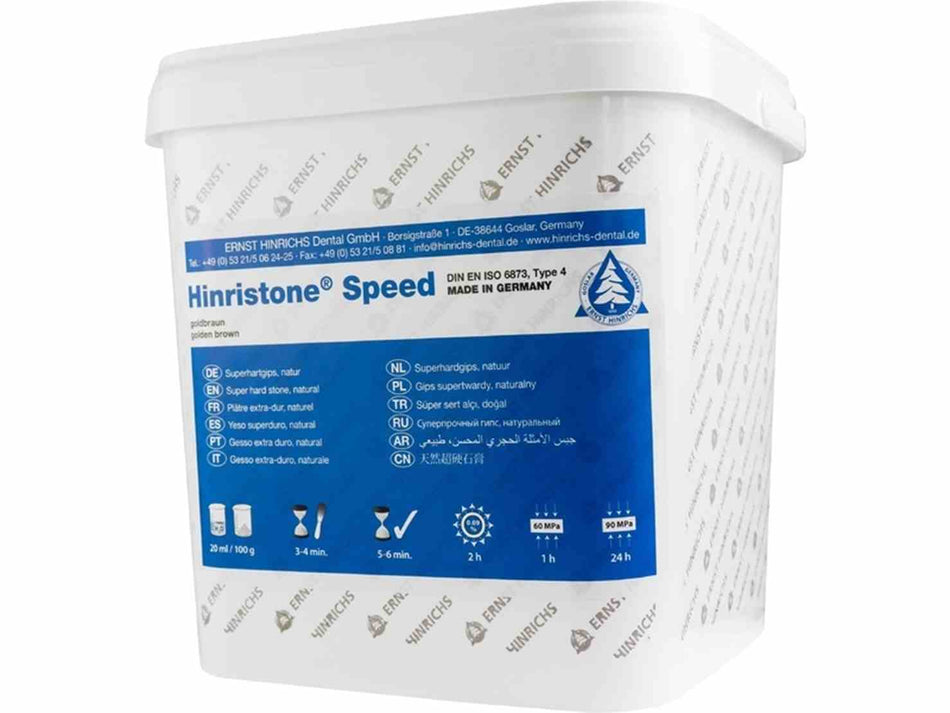 Hinristone Speed, model making, 20 ml : 100 g, class 4, colour golden brown, processing time 3-4 min, super hard plaster, setting time 5-6 min, expansion after 2 h : 0.09%, bucket 10 kg