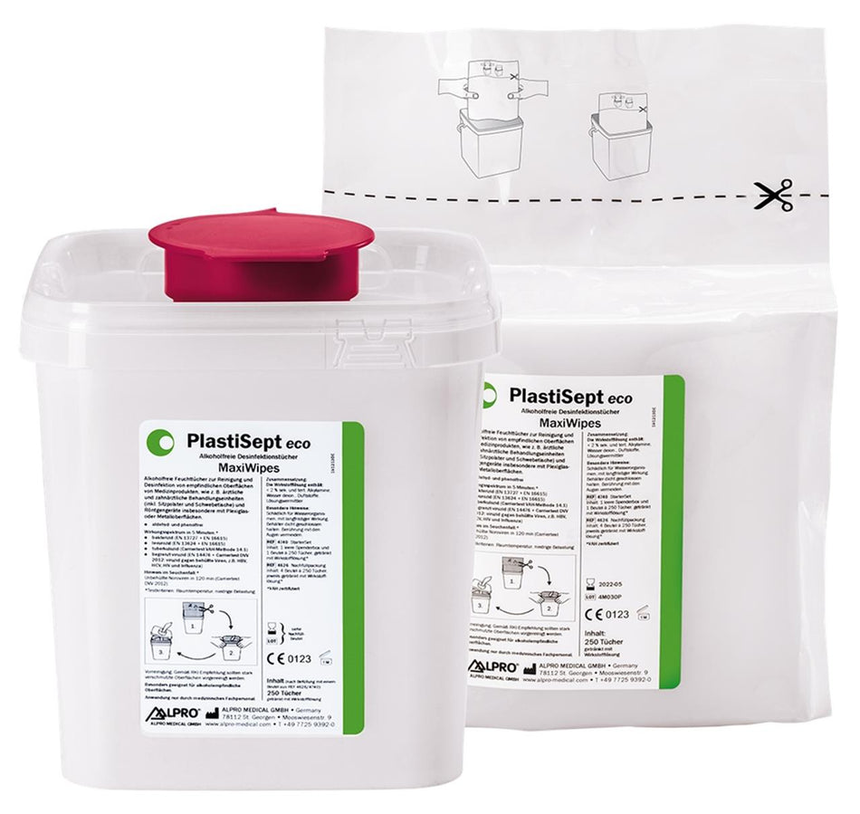 PlastiSept eco MaxiWipes, for sensitive surfaces, 17 x 26 cm, wipe disinfection, starter set 1 dispenser box, empty and 1 NF bag x 250 wipes