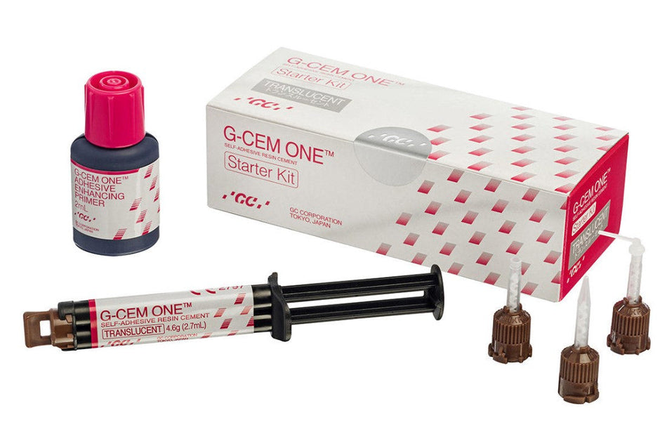 G-Cem One, underfilling / fixing, color translucent, starter kit, syringe 1 set, scope of delivery: 1x syringe 4.6g, 8x Automix Tips Regular, 2x Automix Endo Tips, 1x G-Cem One Adhesive Enhancing Primer 2ml