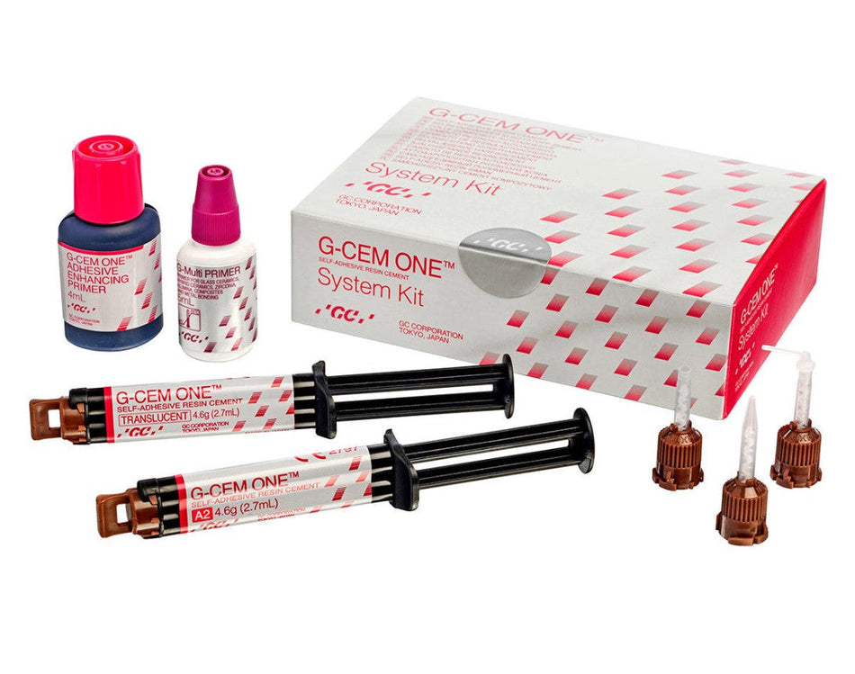 G-Cem One, underfilling / fixing, color sorted, system kit, syringe 1 set, scope of delivery: 1x syringe 4.6g A2 and translucent each, 15x Automix Tips Regular, 5x Automix Endo Tips, 1x G-Cem One Adhesive Enhancing Primer 4ml, 1x G-Multi P...