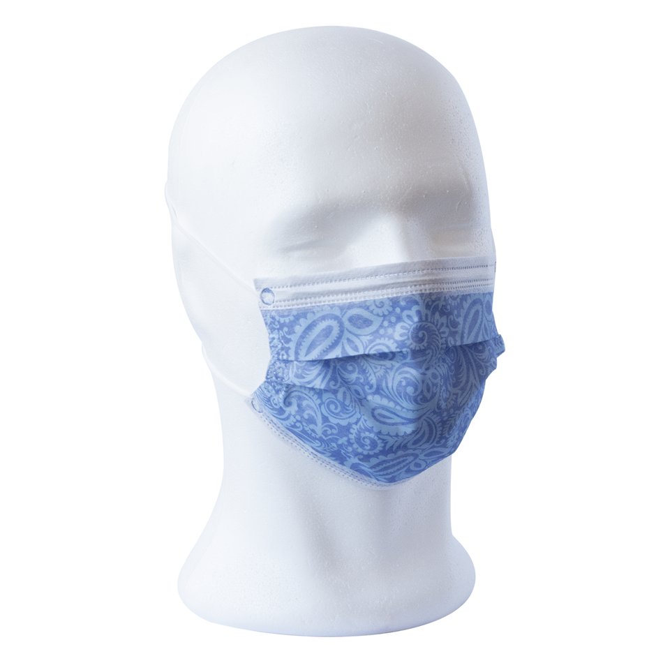 Face Mask Style, 3-ply, Paisley Pattern - Dark Blue, 50 Pack