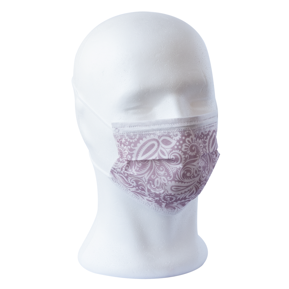 Face Mask Style, 3-ply, Paisley Pattern - Wine Red, 50 Pack