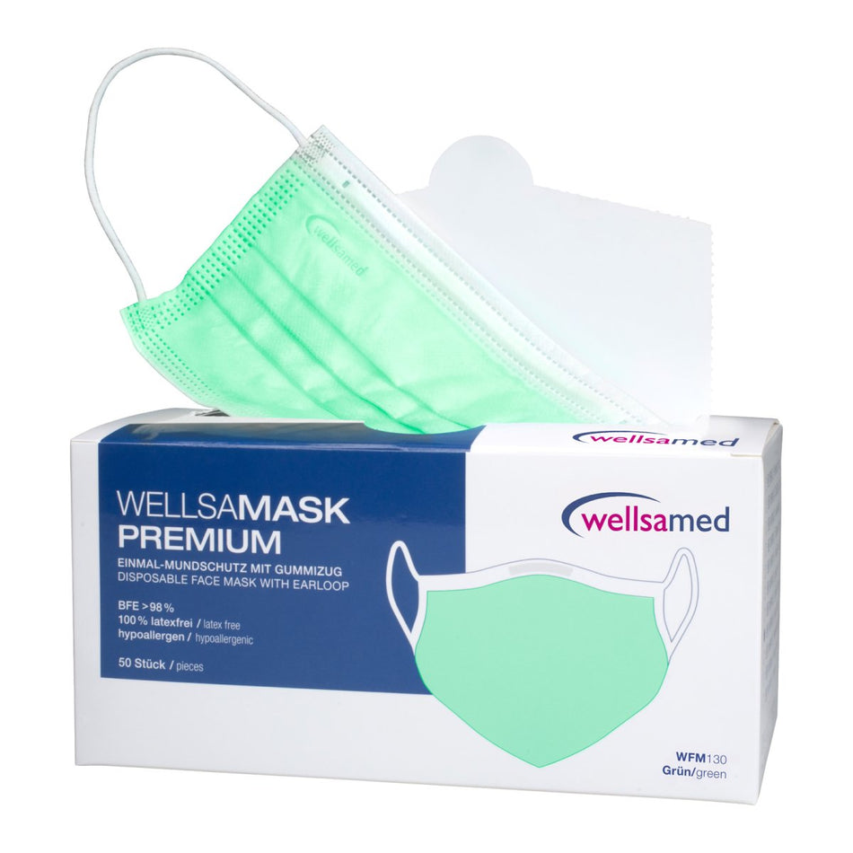 Face mask wellsamask with elastic band green, 3-ply, type IIR, 50 pieces