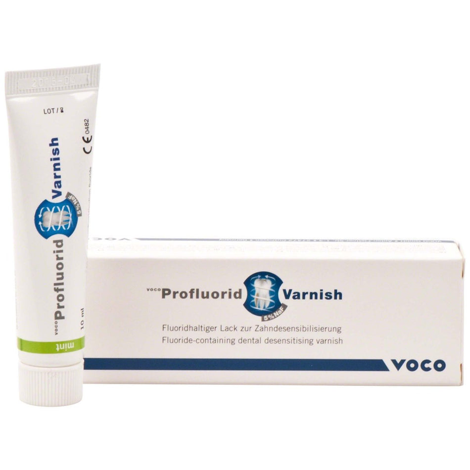 Profluorid Varnish, tooth desensitization varnish, contains fluoride, mint, tube of 10 ml