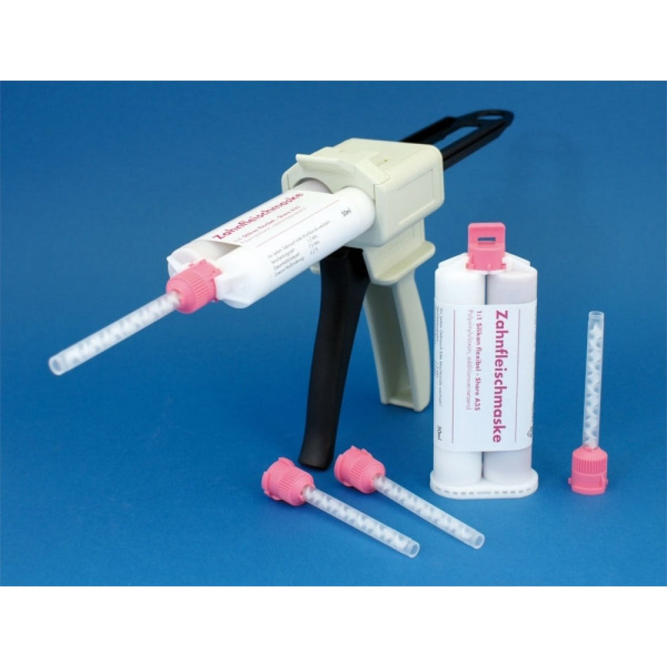 Gingival mask flexible pink silicone, 2 safety cartridges including 12 mixing cannulas 50 ml