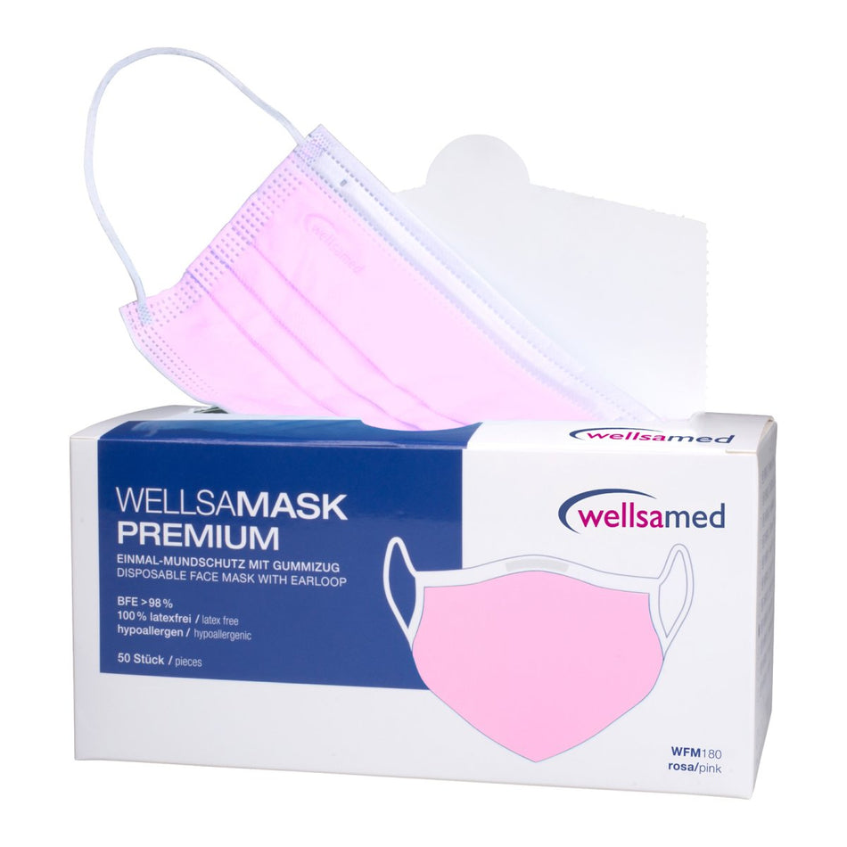 Face mask wellsamask with elastic band pink, 3-ply, type IIR, 50 pieces