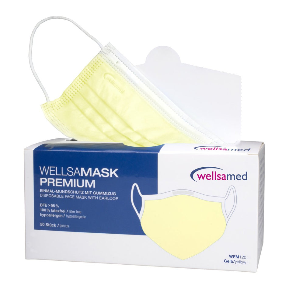 Face mask wellsamask with elastic band yellow, 3-ply, type IIR, 50 pieces