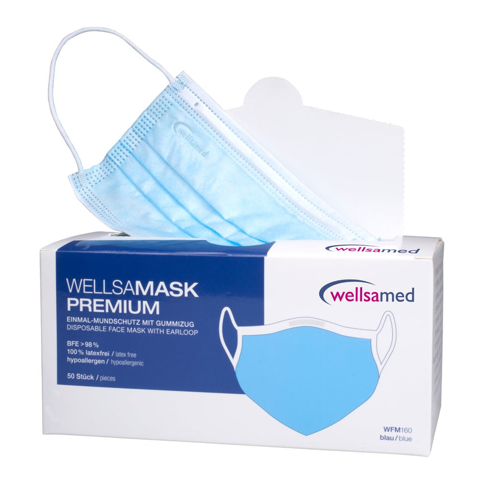 Face mask wellsamask with elastic band blue, 3-ply, type IIR, 50 pieces