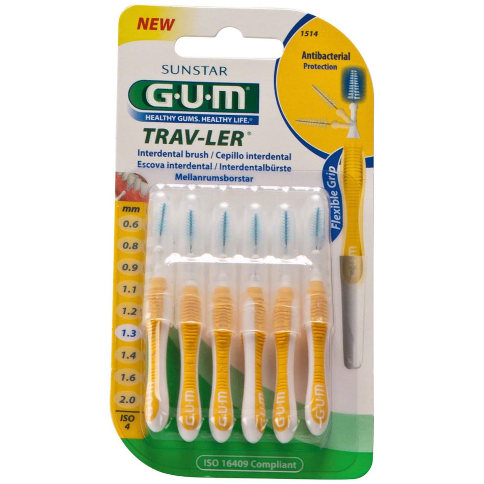 GUM TRAV-LER Interdental Brushes Blister Pack 6 Brushes Fir, yellow, Ø 1.3 mm