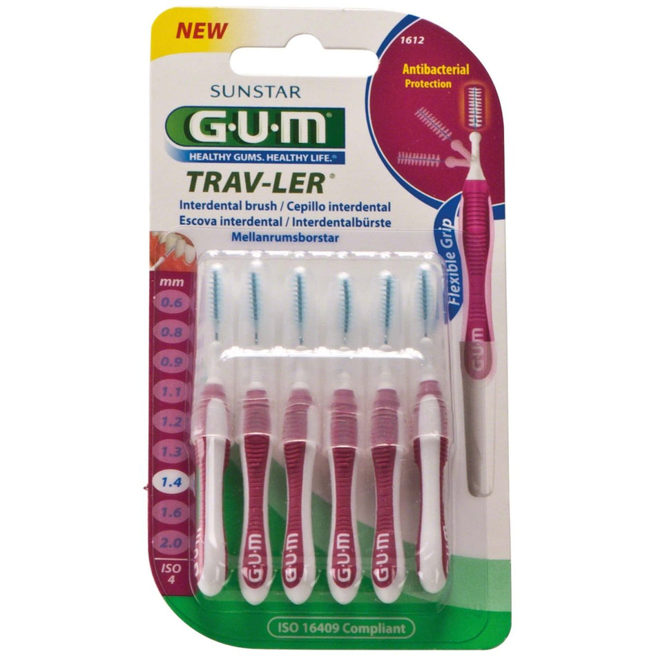 GUM TRAV-LER Interdental Brushes Blister Pack 6 Brushes Candle, pink, Ø 1.4 mm