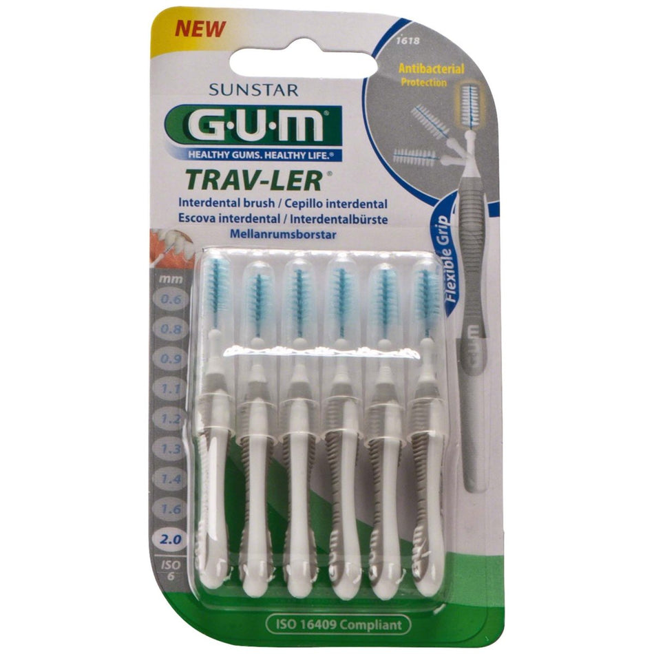 GUM TRAV-LER Interdental Brushes Blister Pack 6 Brushes Candle, grey, Ø 2 mm