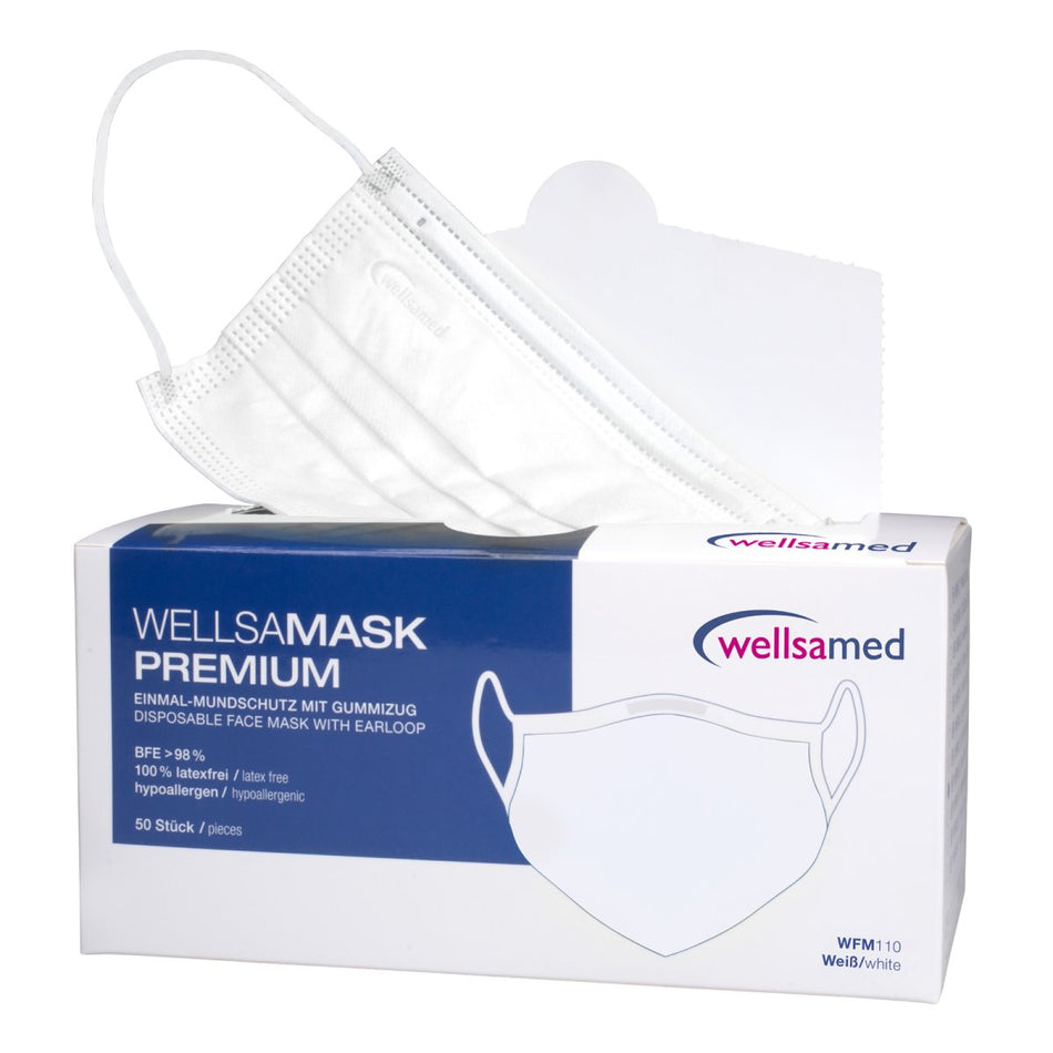 Face mask wellsamask with elastic band white, 3-ply, type IIR, 50 pieces