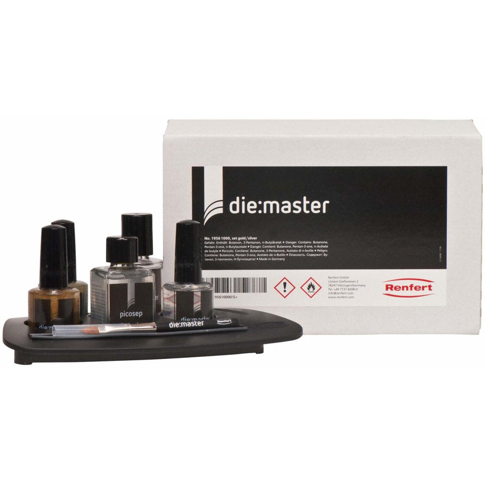 die:master 2 x 15 ml varnish gold / silver, 30 ml thinner, 15 ml duo, 30 ml Picosep, 1 insulating brush, 1 stand with stump holder