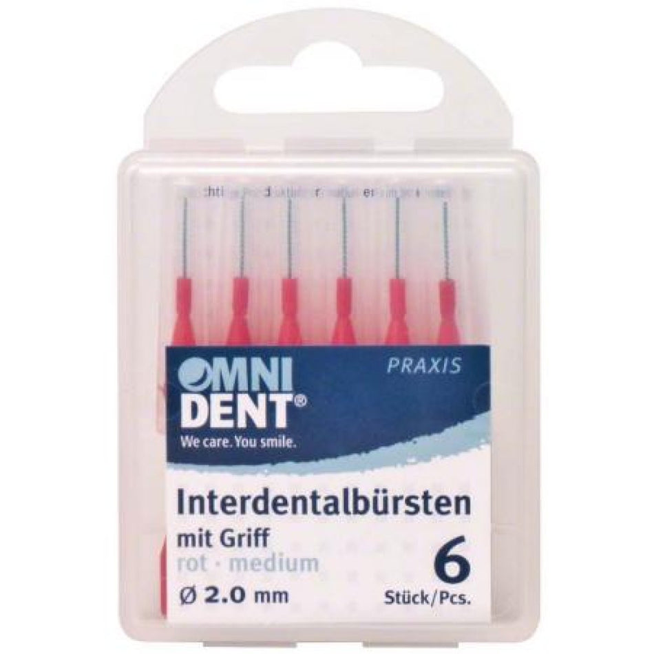 Interdental brushes with handle, red, medium, pack of 6