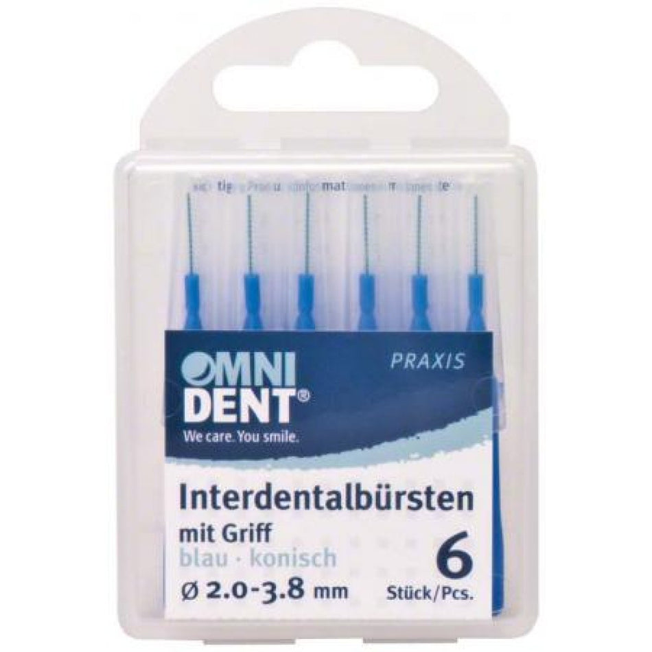 Interdental brushes with handle, blue, conical, pack of 6