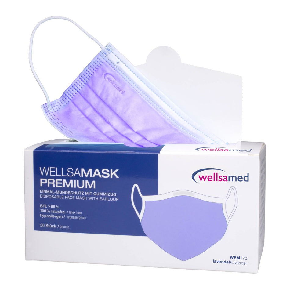 Face mask wellsamask with elastic band lavender purple, 3-ply, type IIR, 50 pieces