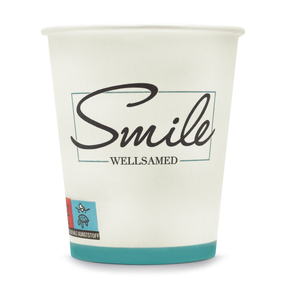 Mouthwash cup wellsacup hard paper Smily Typo (white-blue), 180 ml, 1,000 pieces