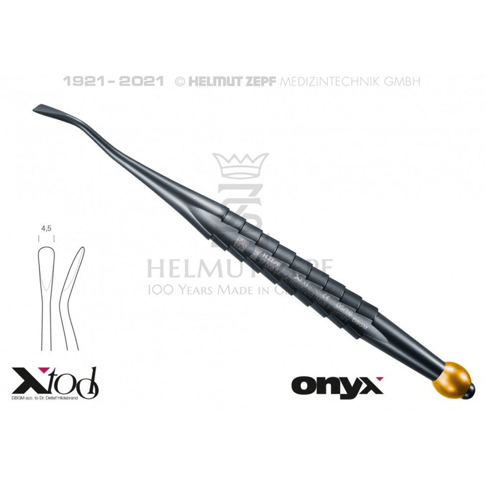 Approximal root elevator, mesial, Fig.77rl 4.5mm, ZEPF X-Tool handle, yellow color coding