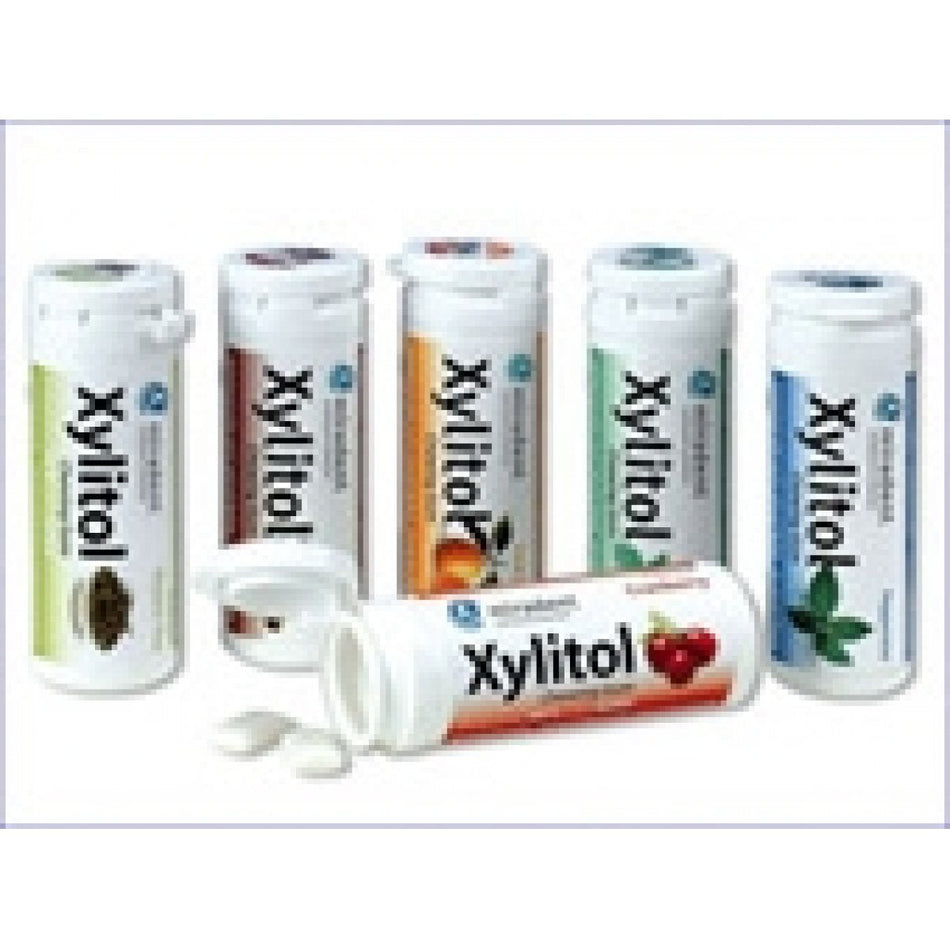 miradent Xylitol Chewing Gum, green tea, kids, display of 12 cans