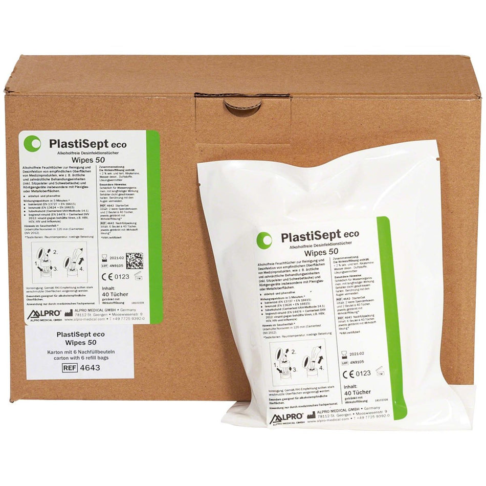 PlastiSept eco Wipes 50, wet wipes, alcohol-free, 14 x 20 cm, 6 packs of 40 wipes