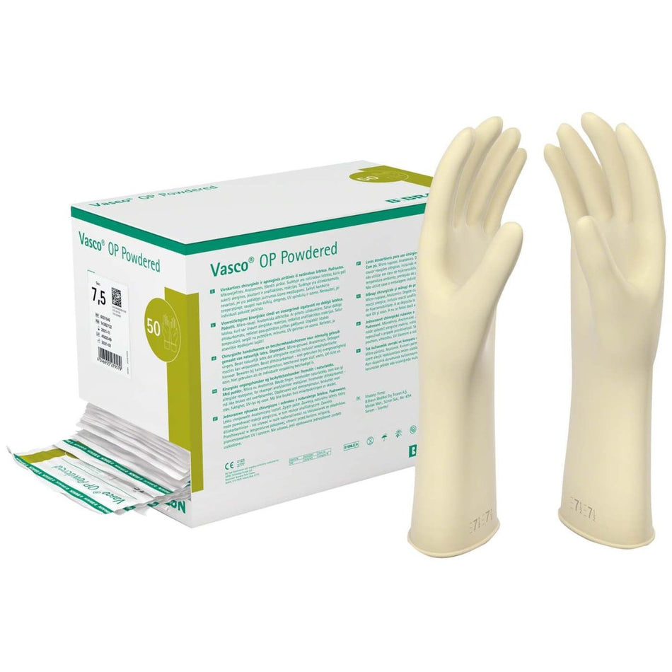 Vasco latex surgical gloves, powdered, size 7, white, pack of 50 pairs