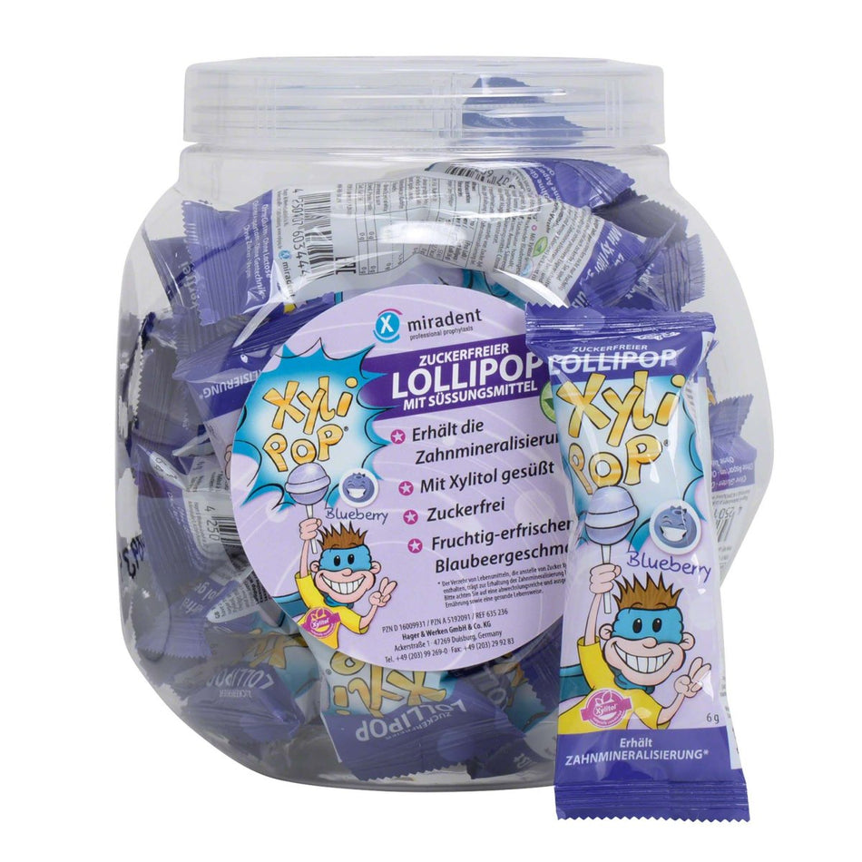 miradent XyliPOP Lollipop, 6 g, blueberry, box of 25 pieces