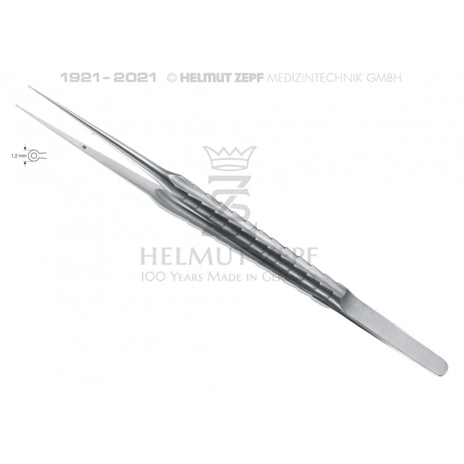 Micro ring tweezers, 18 cm, atraumatic 8 mm, ring 1 x 0.5 mm round, smooth, ZEPF line