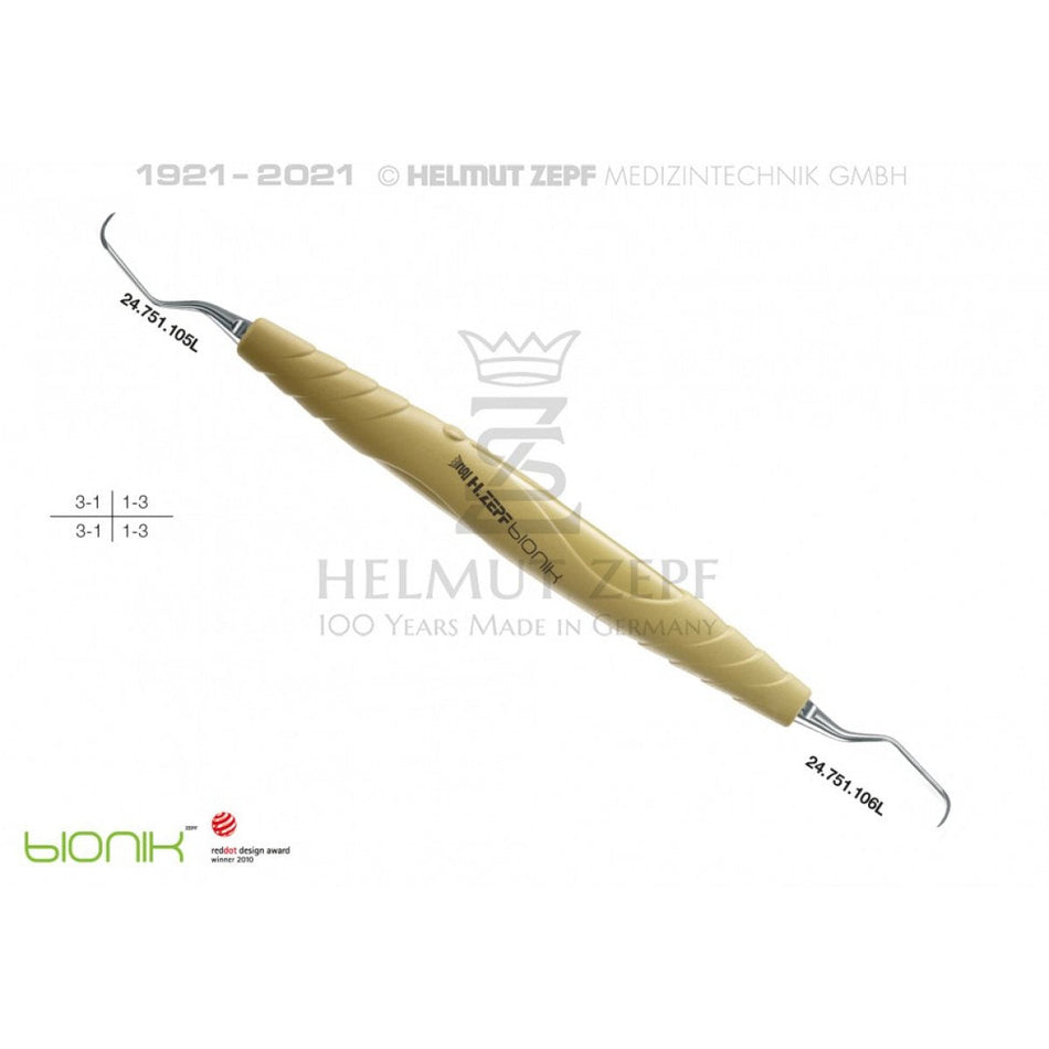 ZEPF-Bionics, Universal Curette, Langer, L 5/6 for the anterior tooth area, yellow