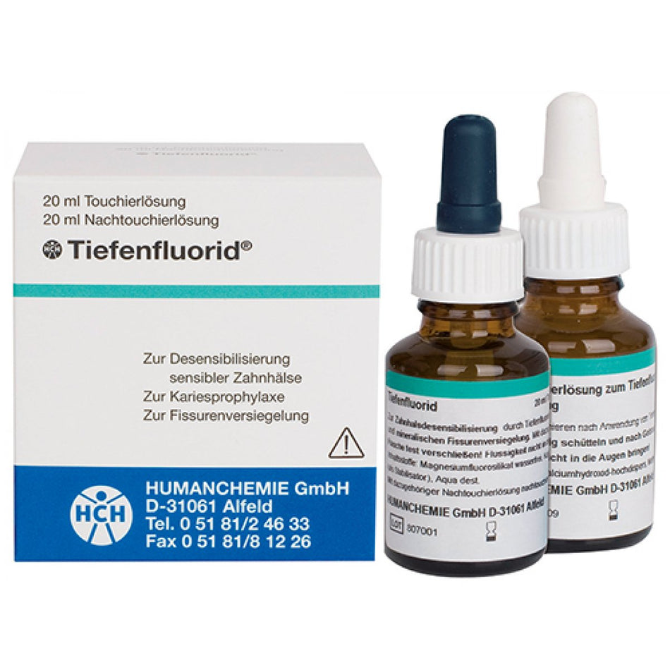 Deep fluoride touch-up solution for deep fluoride and dentin sealing liquid in bottle with dropper insert, 20 ml