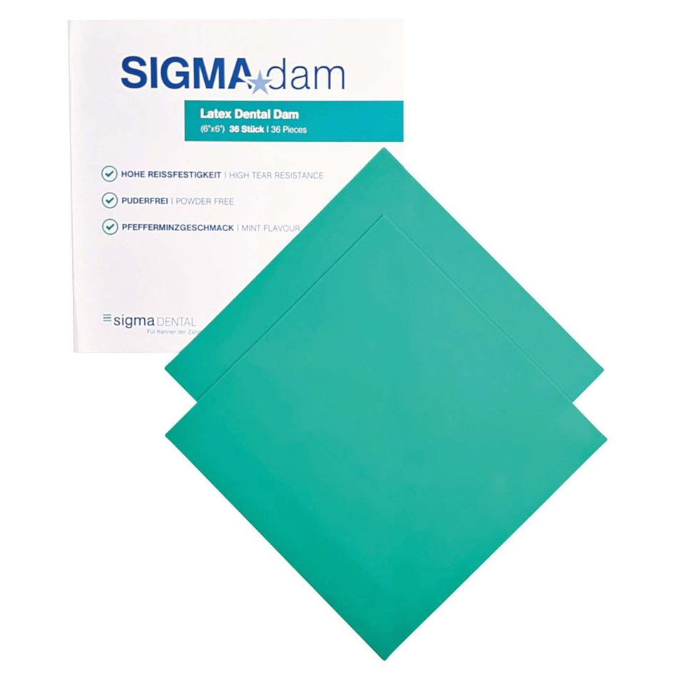 Sigma dam rubber dam, powder-free, heavy, 6 x 6, green, pack of 36