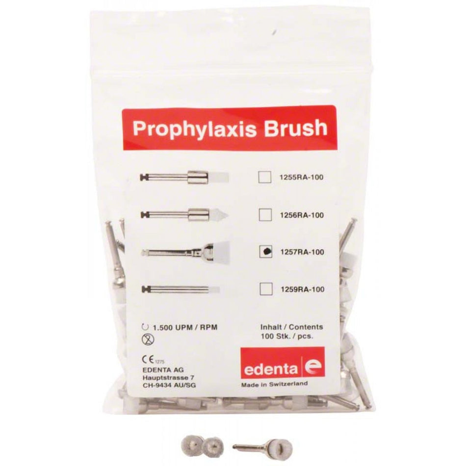 Prophylaxis nylon brushes, white, cup, shaft RA (angled piece), pack of 100