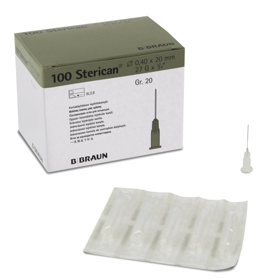 Sterican Luer, disposable cannulas, size 20, G 27 × 3/4", ? 0.40 × 20 mm, grey, pack of 100