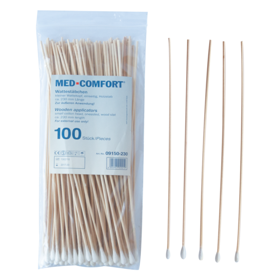 MED-COMFORT - Wooden cotton buds, small head - natural, 150 mm, 100 pieces