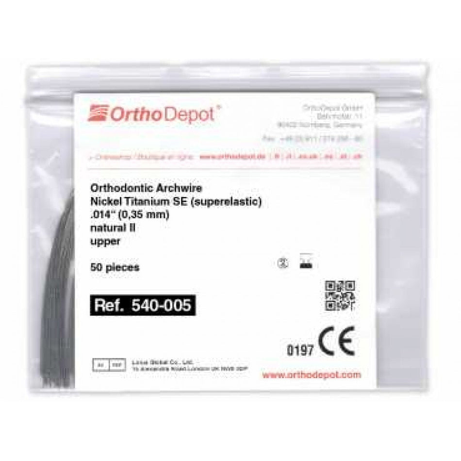 Orthodontic NiTi superelastic archwire, .018", Natural II, UK, pack of 50