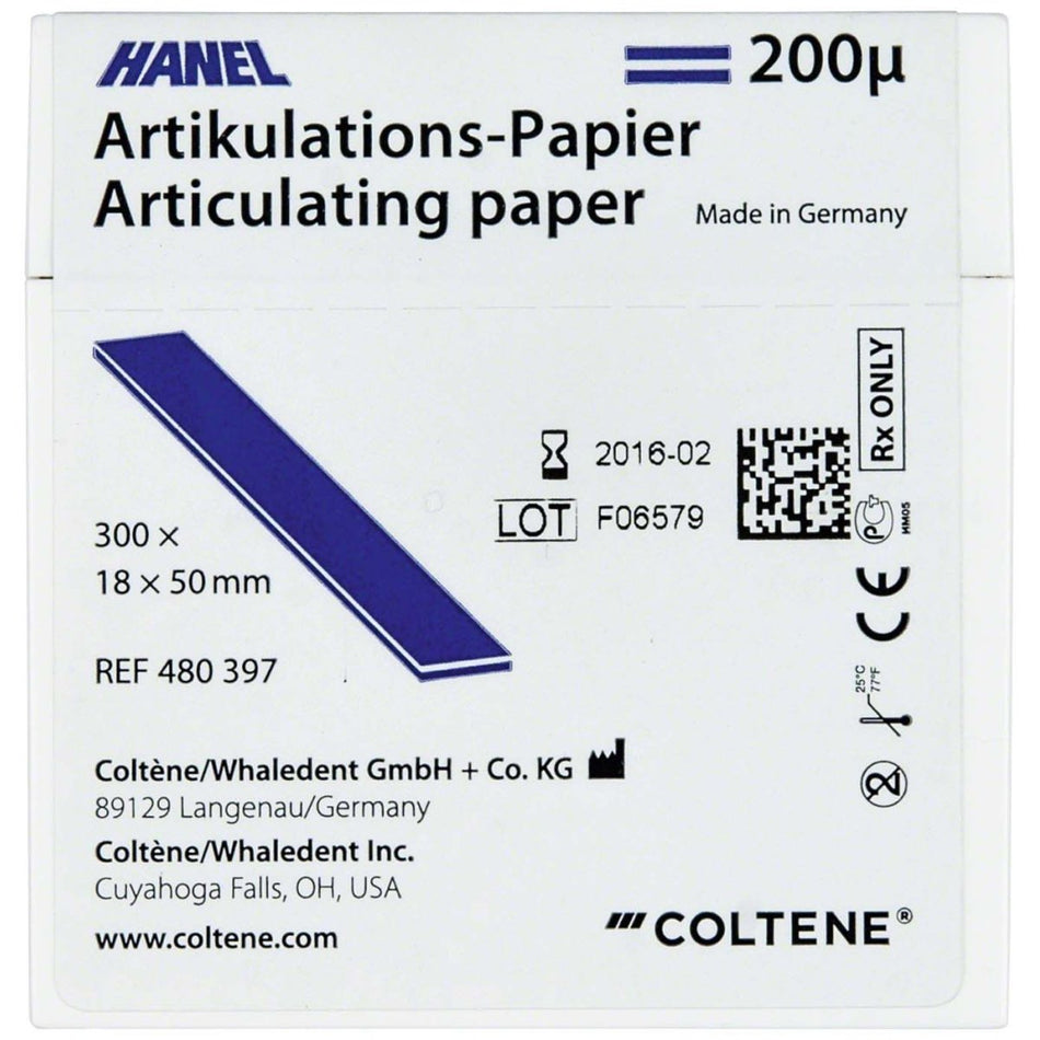 Hanel articulation paper, 200 mµ, 18 × 50 mm, blue, pack of 300