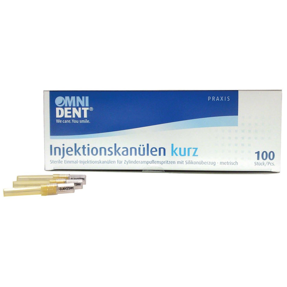 Injection cannulas, Ø 0.4 x 23 mm, yellow, pack of 100