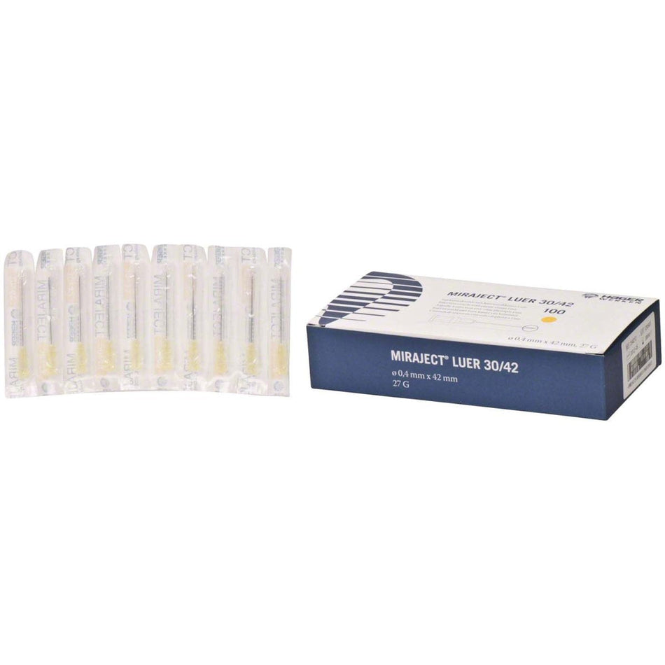 Miraject Luer, injection needles, G27, 0.4 x 42 mm, yellow, pack of 100