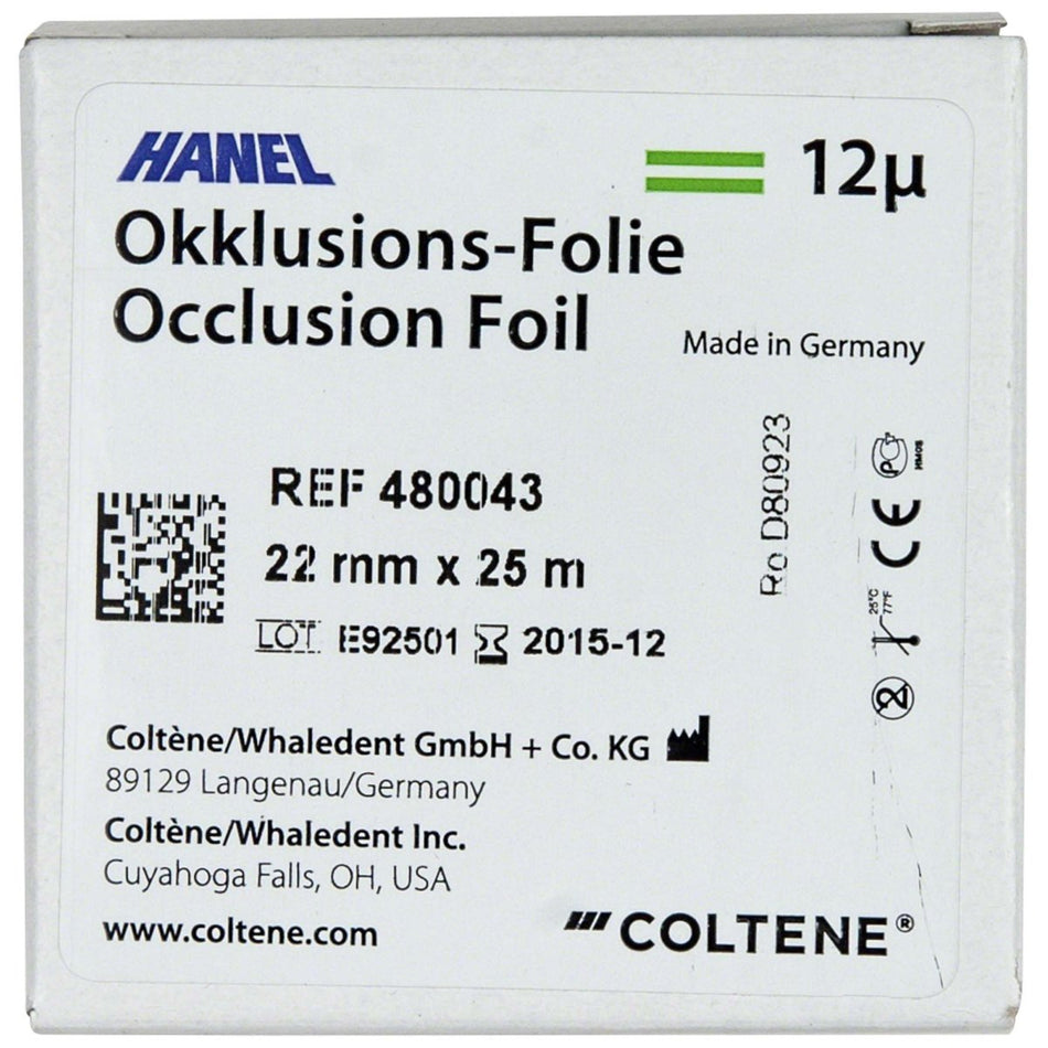 Hanel occlusion film 12µ, double-sided, 22 mm wide, green, roll of 25 m