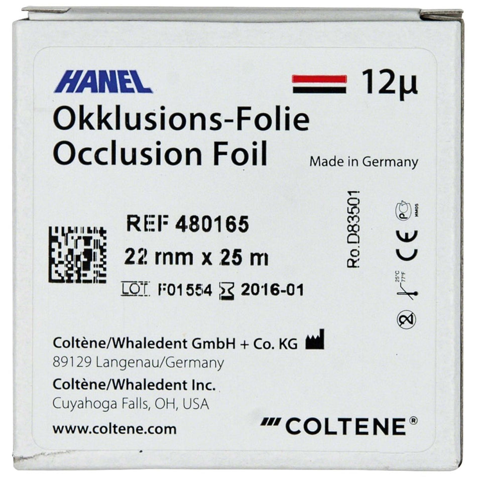 Hanel occlusion film 12µ, double-sided, 22 mm wide, red/black, roll of 25 m